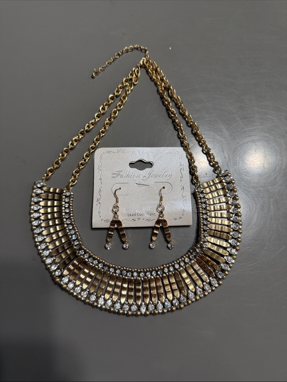 Gold-Tone Rhinestone Collar Necklace & Drop Earrings Set - Fashion Jewelry